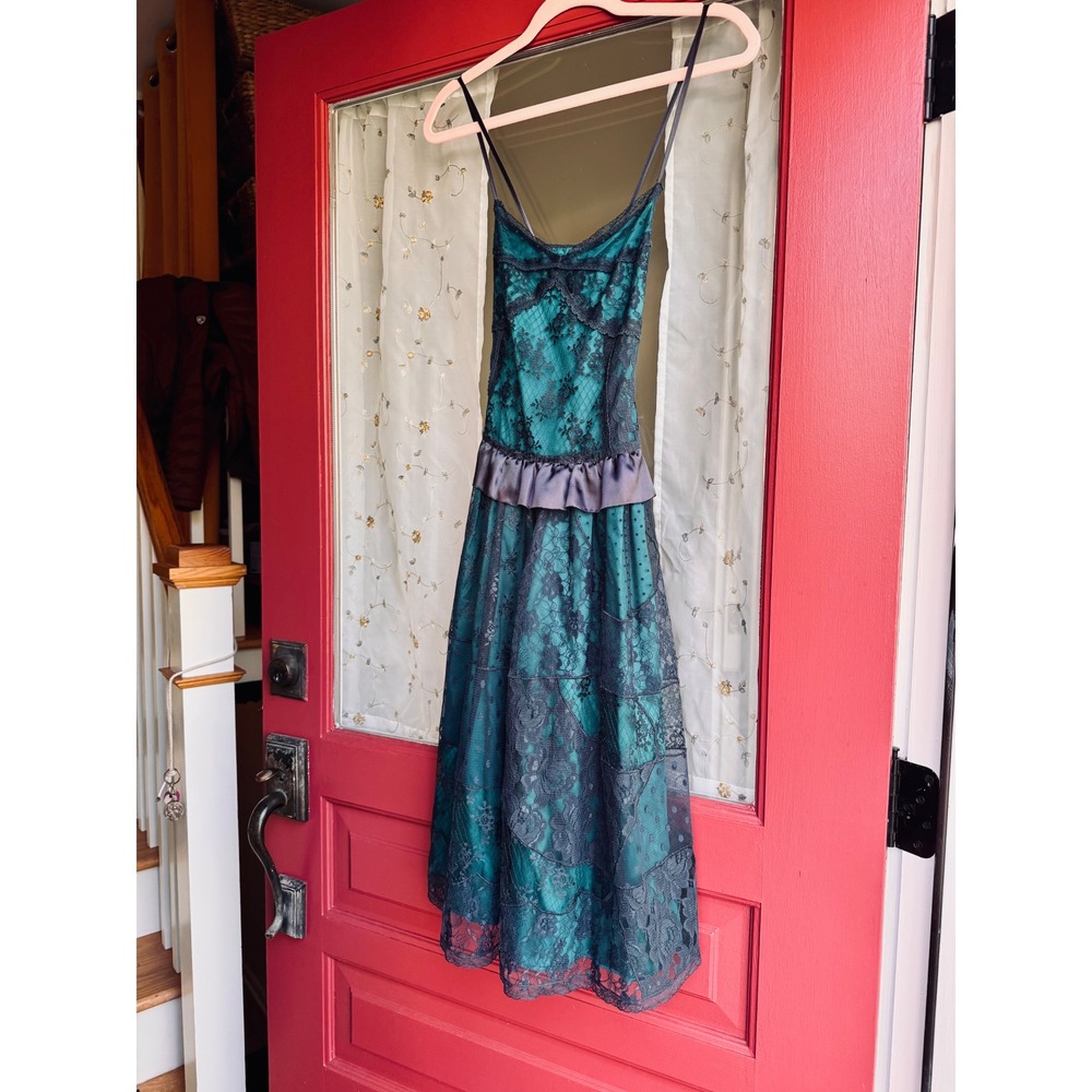 Kimchi & Blue Lace Fit Flare Dress Teal Black Satin Ruffle Cocktail Sz S